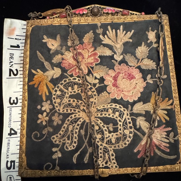 Exquisite Floral Embroidered Evening Bag, French, enamel, w/ mirror, filigree - Picture 10 of 14